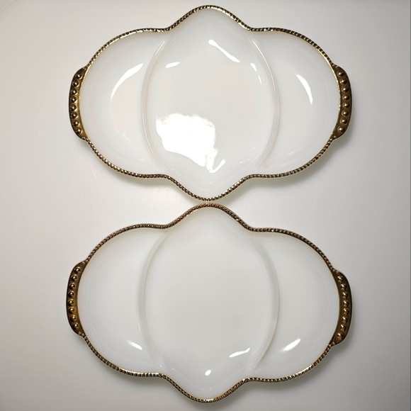 Vintage Anchor Hocking Fire King Milk Glass Relish Tray w/ Gold Beaded Trim (2) - Picture 9 of 13